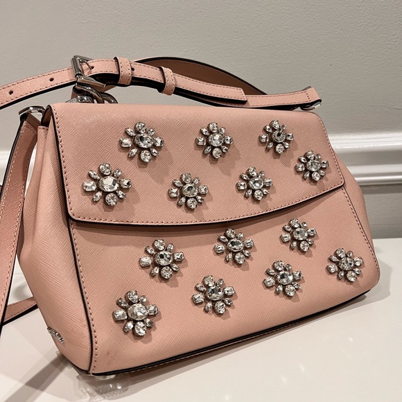 Michael Kors Beige Saffiano Leather Small Ava Crystal’s Top Handle Bag. - Picture 6 of 13